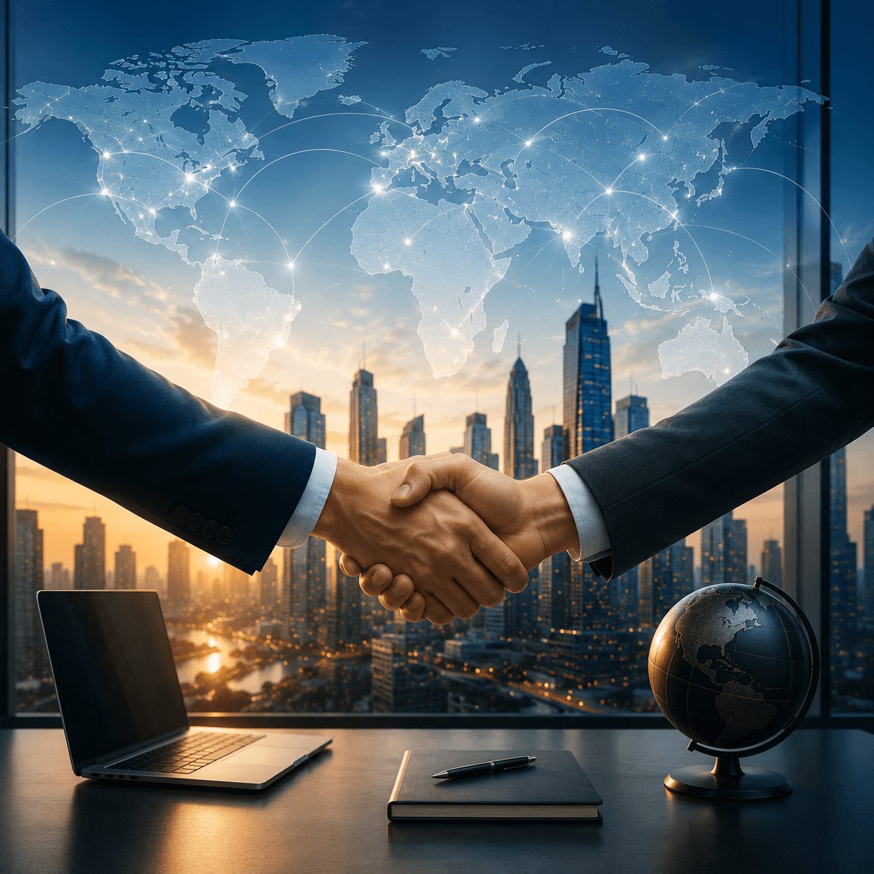 Two professionals shaking hands, representing Real Stages coordinating vendors, contractors, and partners
