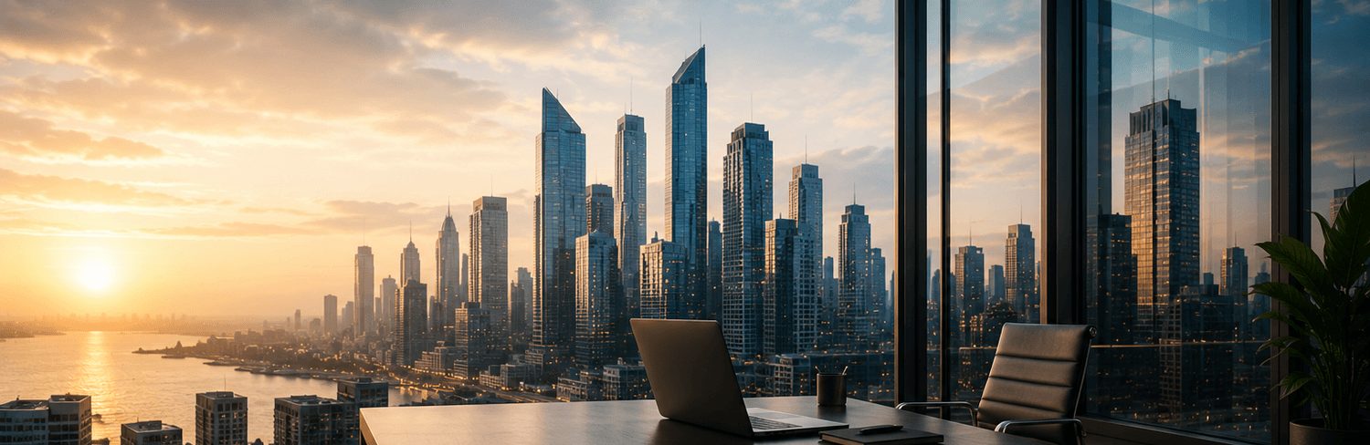 Workspace overlooking a city skyline, representing centralized oversight of business operations